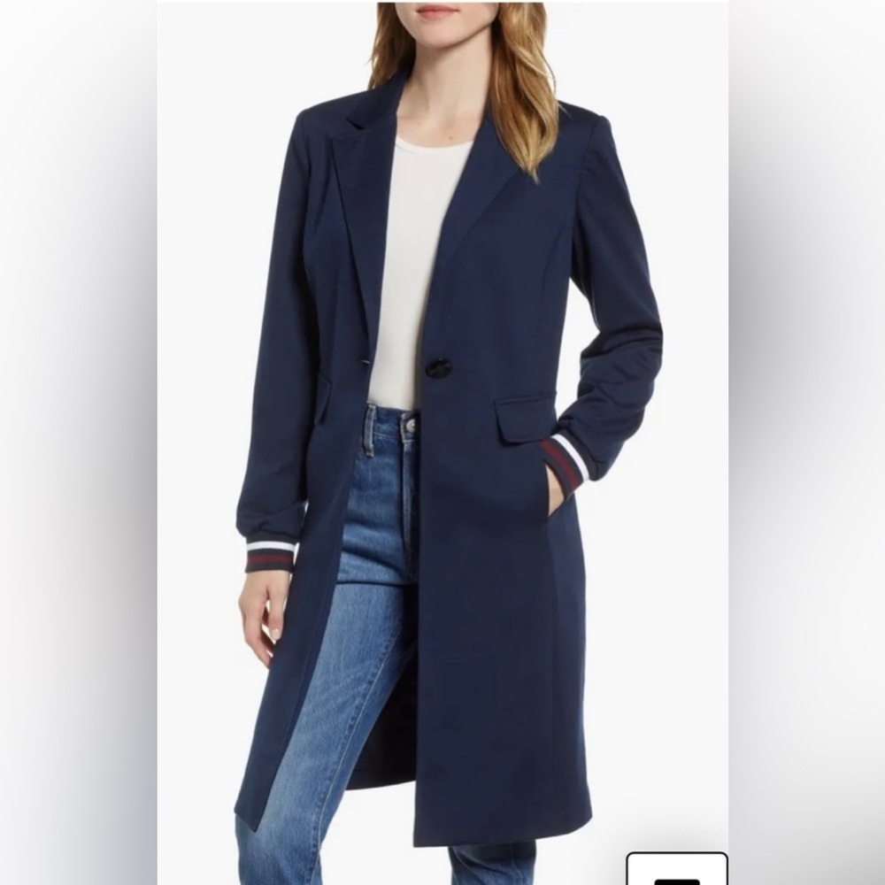 NWOT Halogen Navy Rib Trim Ponte Knit Jacket Sport Coat Striped Sleeves Sz XS